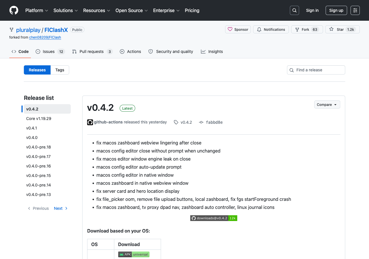 Страница GitHub Releases FlClashX с файлами последней версии v0.4.2