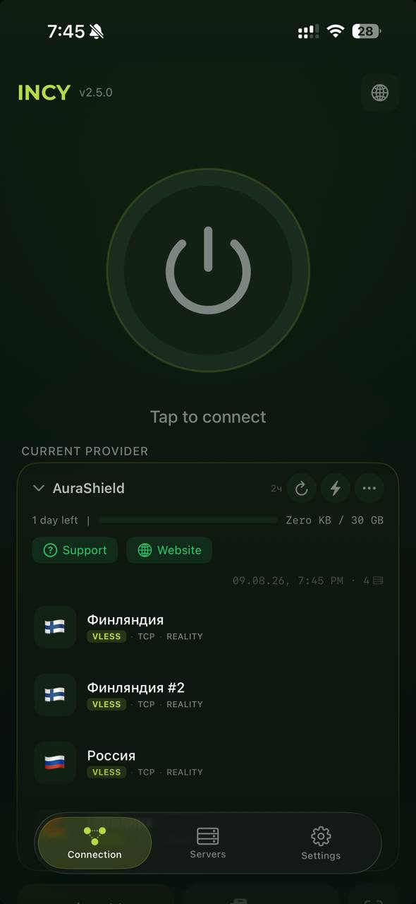 Подписка AuraShield в INCY — серверы подтянулись автоматически, можно подключаться